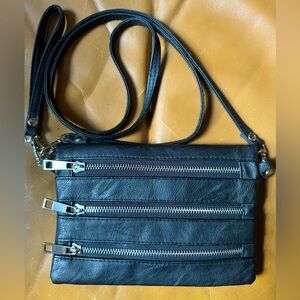 Leather Zipper & Snap Women’s Cross Body Wallet Bag - 6"x8" - Black Travel Purse